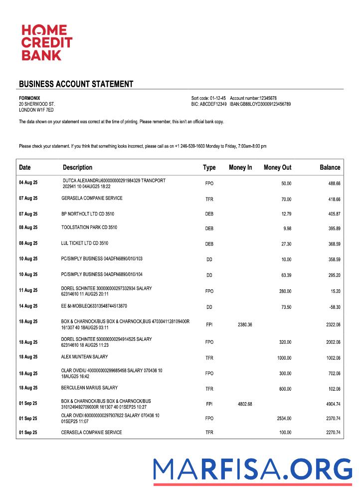 Blank Russia Home Credit firm account statement Word and PDF template